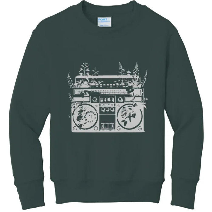 Dark green hoodie with vintage boombox graphic covered in plants, urban streetwear style