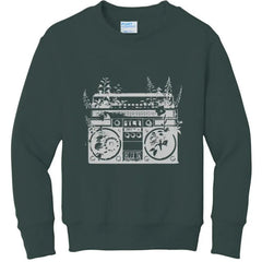 Dark green hoodie with vintage boombox graphic covered in plants, urban streetwear style
