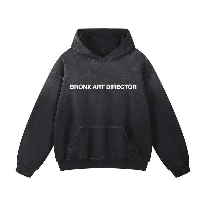Black hoodie with 'BRONX ART DIRECTOR' text on a white background