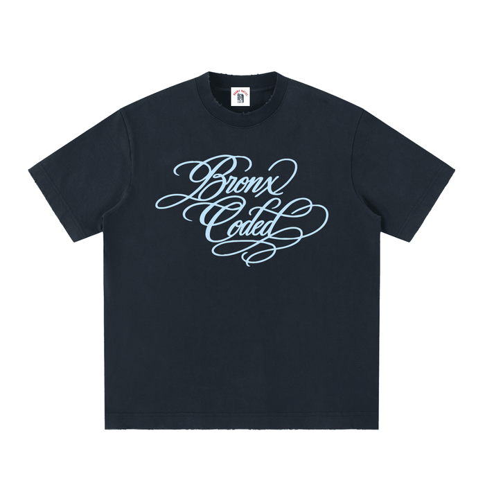 Black Bronx Coded streetwear tee with light blue script graphic, inspired by NYC culture