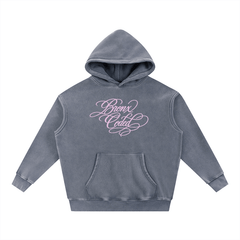 Gray hoodie with pink text on a white background