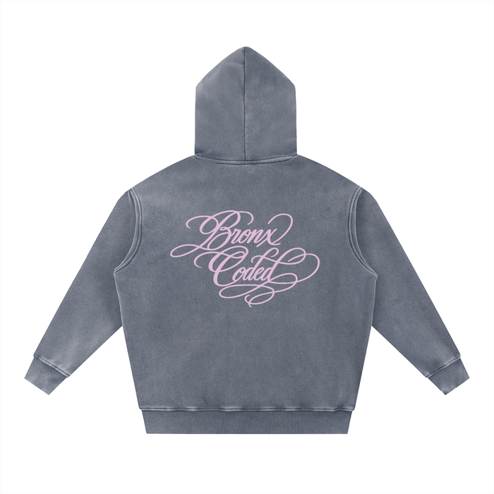 Gray hoodie with 'Bronx Coded' text on the back against a white background