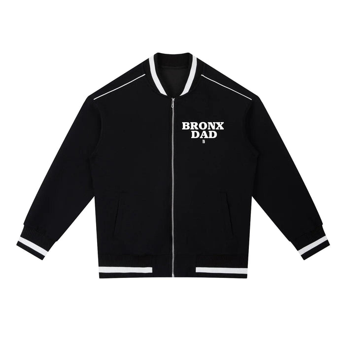 Black Bronx Dad varsity jacket with white trim and bold lettering, NYC streetwear style