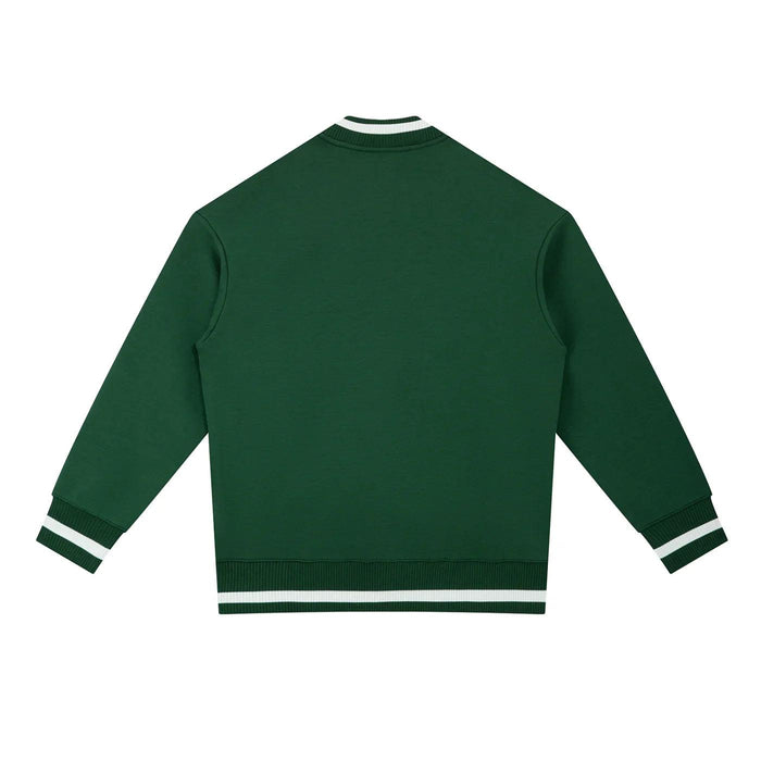 Dark green varsity-style sweater with white trim on collar, cuffs, and hem, back view
