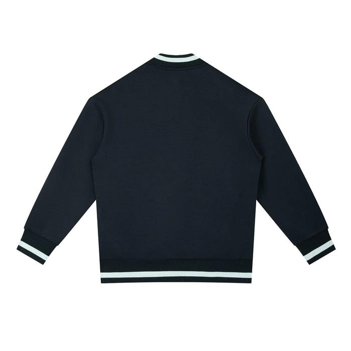 Navy blue varsity-style sweatshirt with white trim at cuffs, hem, and collar, back view