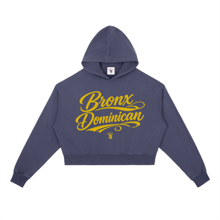 Navy cropped hoodie with bold yellow 'Bronx Dominican' script, urban streetwear style for NYC culture lovers