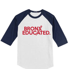 Bronx Educated raglan tee with bold red text and navy sleeves, NYC streetwear style