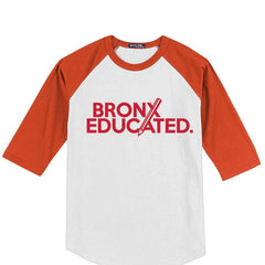 White and orange raglan tee with 'BRONX EDUCATED.' graphic, bold streetwear style inspired by NYC culture
