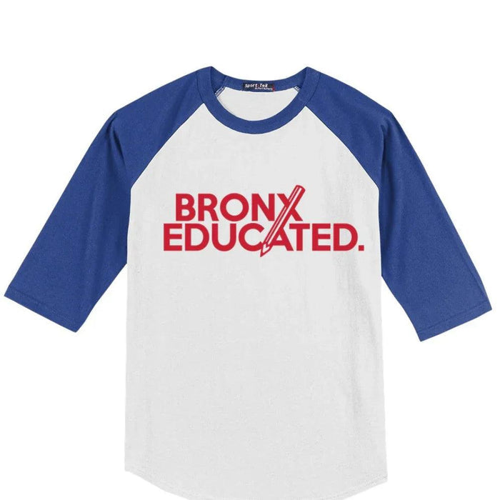 White and blue raglan tee with bold red 'Bronx Educated' graphic, NYC streetwear style