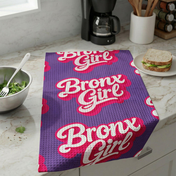 Bronx Girl Waffle Weave Kitchen Towel — Bold Purple Retro Script by Bronx Native