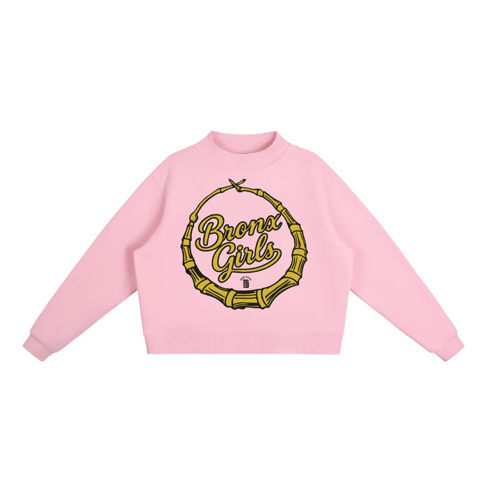Pink Bronx Girls hoodie with bamboo circle graphic, NYC streetwear style