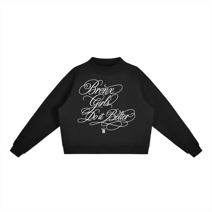 Black hoodie with 'Bronx Girls Do It Better' in white script, NYC streetwear style