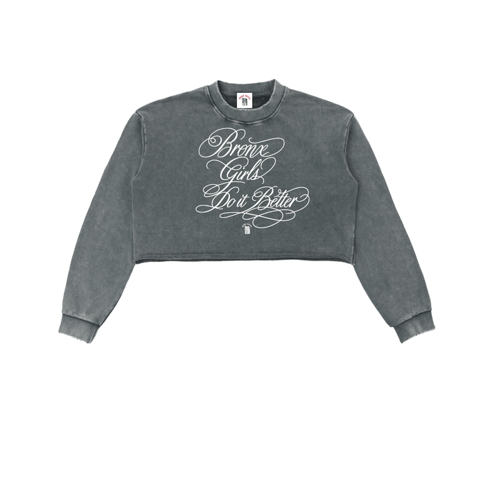 Gray cropped hoodie with 'Bronx Girls Do It Better' script text, NYC streetwear style