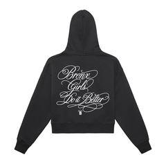 Black hoodie with 'Bronx Girls Do It Better' in white script, NYC-inspired streetwear design.