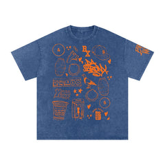 Blue T-shirt with orange Bronx and street style icons including pigeon, phone booth, cap, and graffiti art
