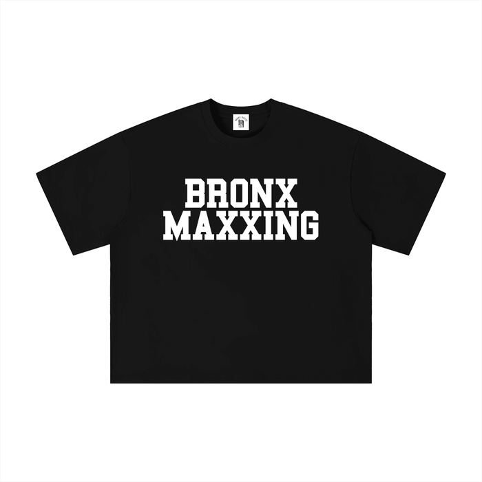 Black Bronx Maxxing tee with bold white text, NYC-inspired streetwear style