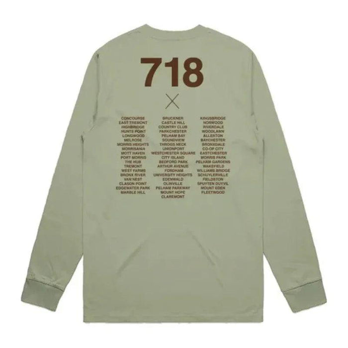 Green long-sleeve shirt with text on the back on a white background