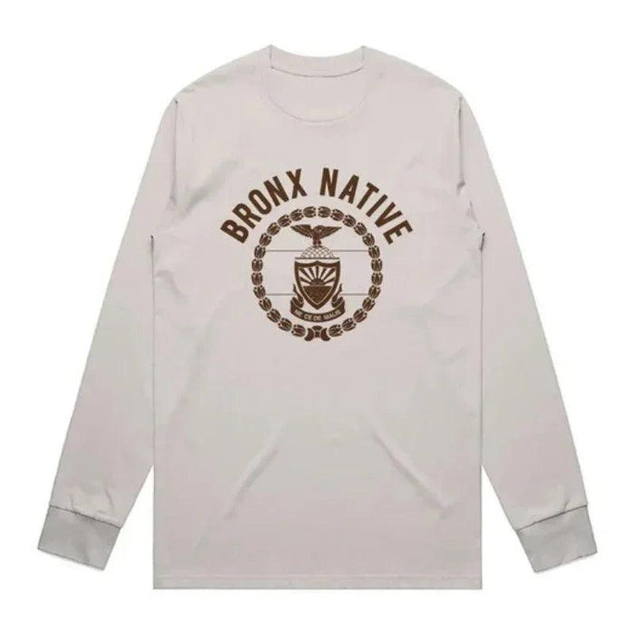 Light gray long-sleeve shirt with 'Bronx Native' graphic on a white background