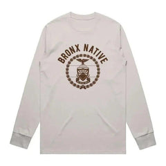 Light gray long-sleeve shirt with 'Bronx Native' graphic on a white background