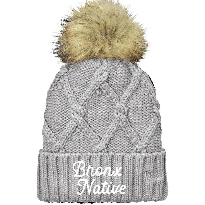 Bronx Native Classy Faux Fur Pom Beanie (Dark Brown Embroidered)