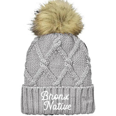 Bronx Native Classy Faux Fur Pom Beanie (Dark Brown Embroidered)