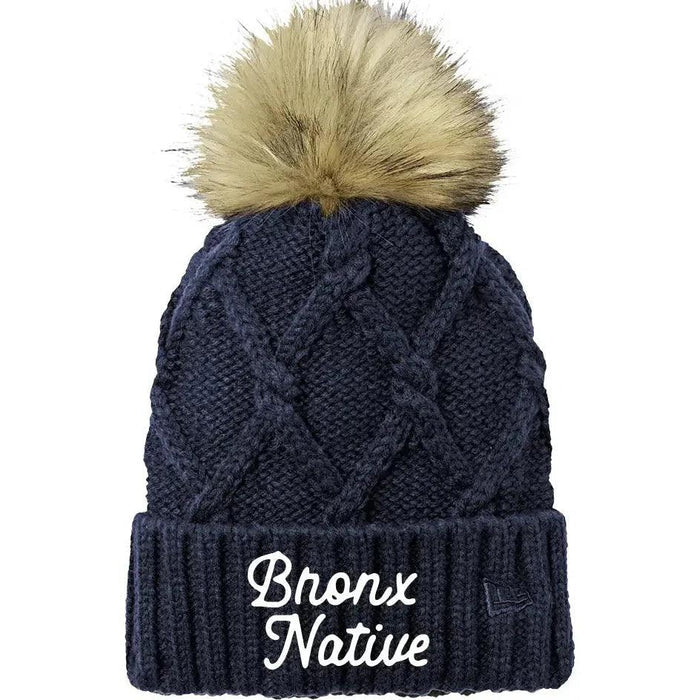 Bronx Native Classy Faux Fur Pom Beanie (White Embroidered)