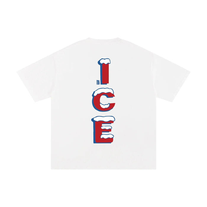 White t-shirt with bold red 'ICE' letters topped with snow, inspired by Bronx streetwear style.