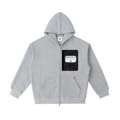 Gray hoodie with a black and white design on a white background