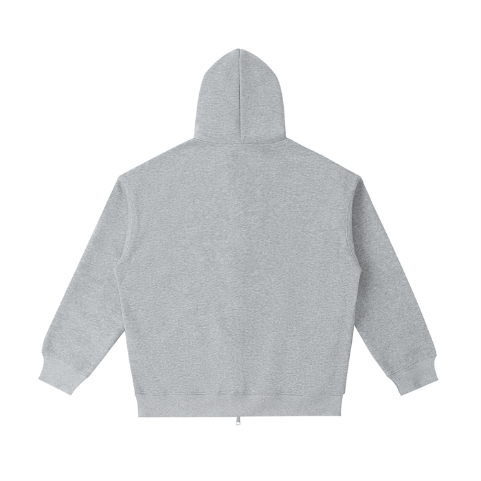 Gray zip-up hoodie back view, NYC streetwear style, casual urban apparel