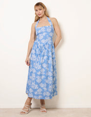 Ditsy Floral V Waist Halter Midi Dress