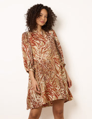 Puff Sleeve Metallic Animal Print Puff Sleeve Tunic Dress