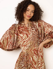 Puff Sleeve Metallic Animal Print Puff Sleeve Tunic Dress