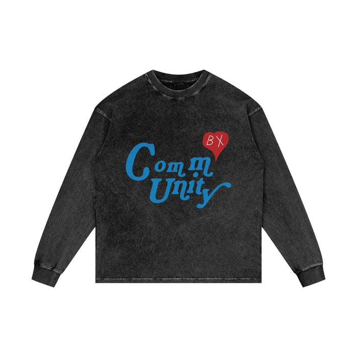 Black long-sleeve sweatshirt with blue text 'Community' and red heart graphic with 'BX' on chest