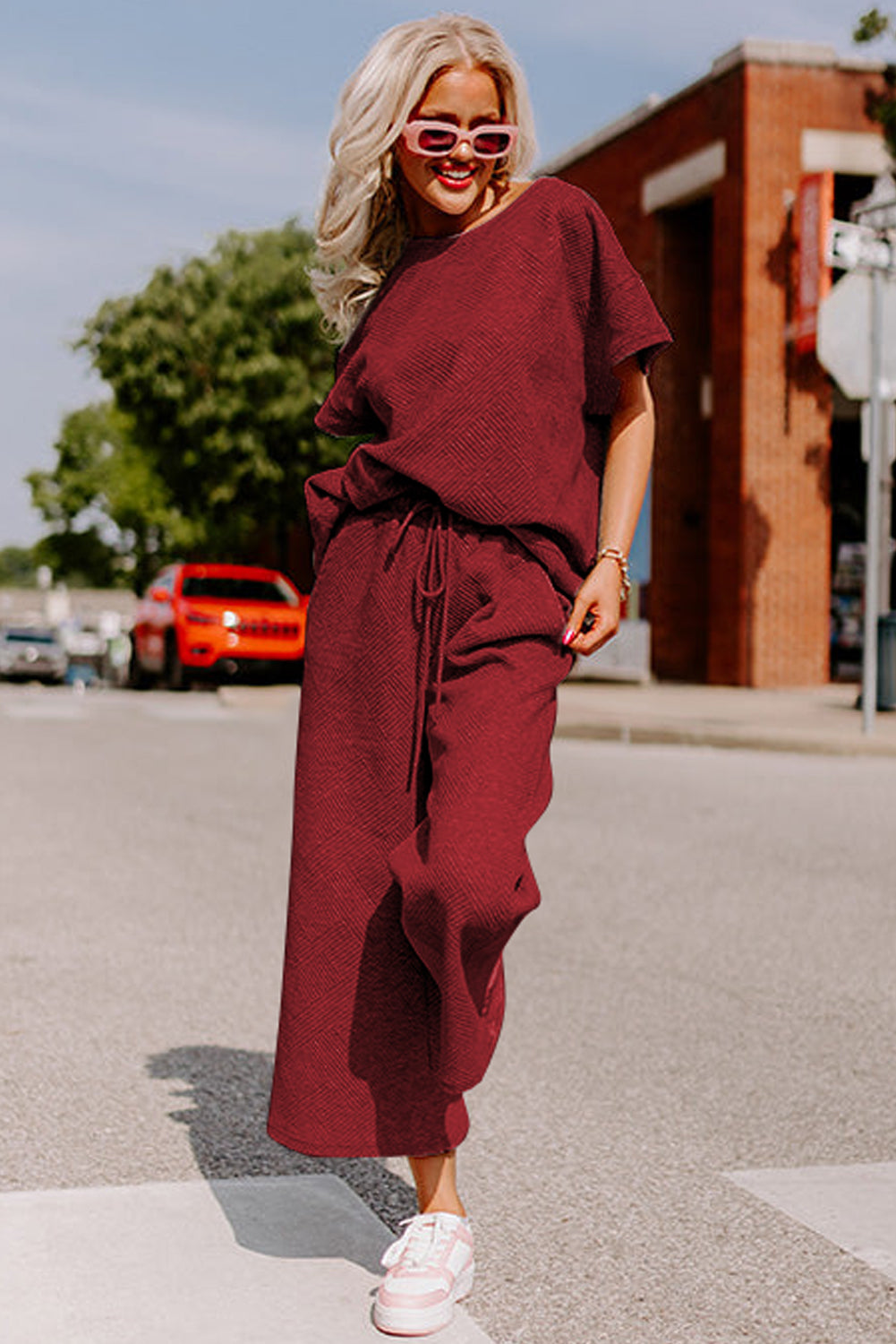 Strawberry Pink Textured Loose Fit T Shirt & Drawstring Pants Set