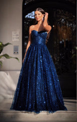 A Line Navy Blue Chic Sequin Long Prom Dress Vintage Evening Dress AB1823