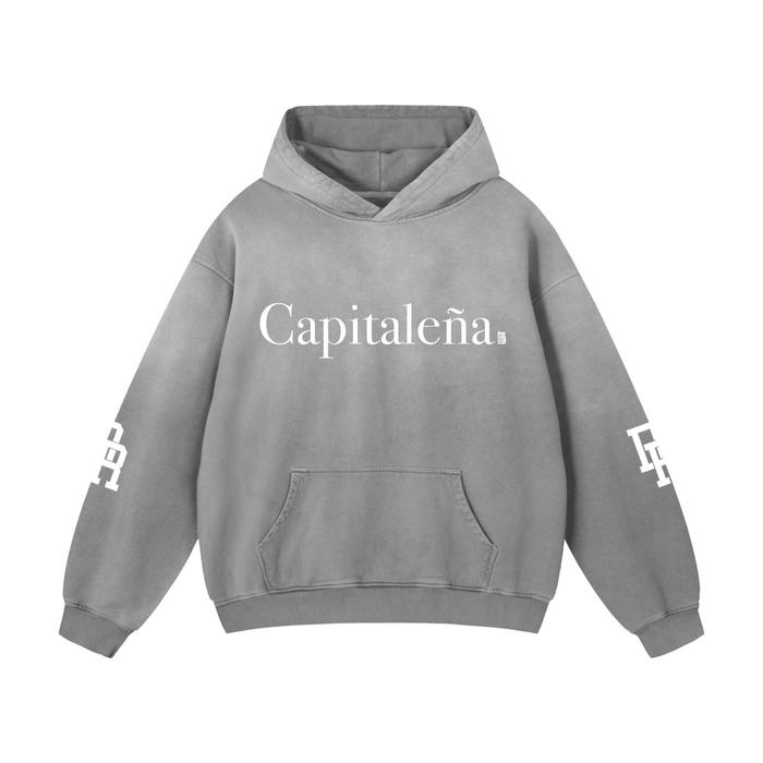 Gray hoodie with 'Capitaleña' text and sleeve graphics, urban streetwear style