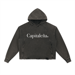 Dark cropped hoodie with 'Capitaleña' text, urban streetwear style for bold NYC-inspired fashion