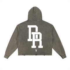 Distressed gray hoodie with bold white BR logo, inspired by Bronx streetwear style
