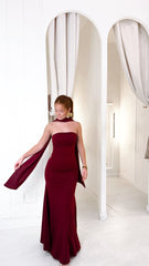 Women's Cocktail Party Gowns Mermaid Strapless Burgundy With Pleated Scarf Long Graduation Dinner Outfit Prom Dresses AB1899