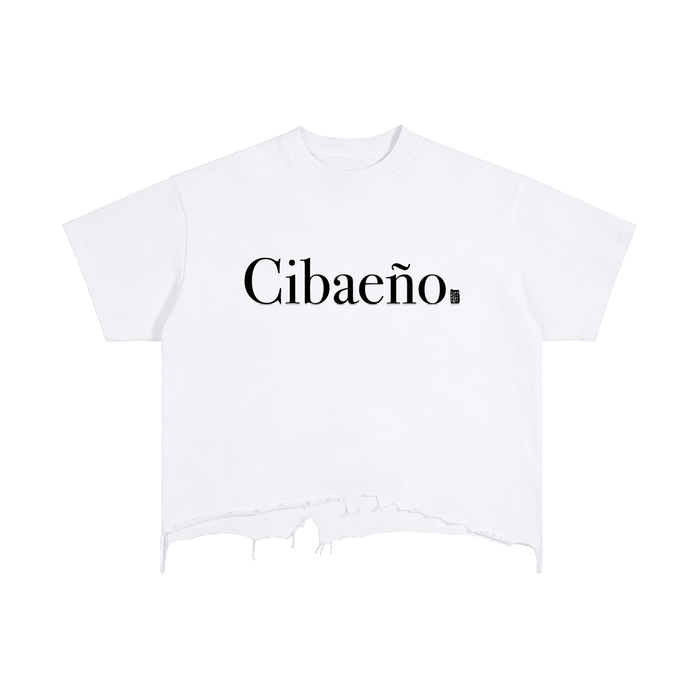 White cropped tee with 'Cibaeño' text, bold streetwear style inspired by NYC culture