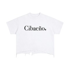 White cropped tee with 'Cibaeño' text, bold streetwear style inspired by NYC culture