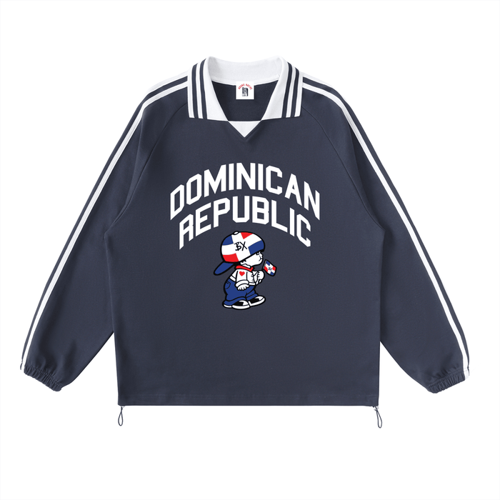 Navy long-sleeve shirt with Dominican Republic graphic, cartoon character, and striped sleeves