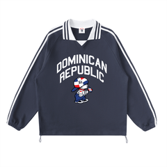 Navy long-sleeve shirt with Dominican Republic graphic, cartoon character, and striped sleeves
