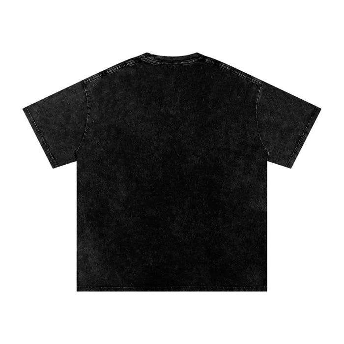Black acid wash t-shirt with distressed texture, bold streetwear style