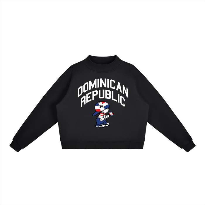 Black hoodie with Dominican Republic text and cartoon character holding flag