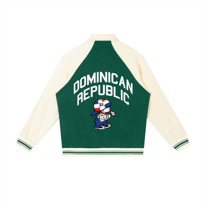 Green and cream varsity jacket with Dominican Republic text and cartoon character holding flag