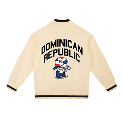 Cream sweatshirt with Dominican Republic text and cartoon character holding flag