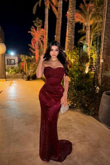 Sparkling Burgundy Sweetheart Strapless Sleeveless Sequins Prom Dress Mermaid Column On Sale N1768