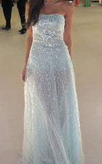 Sparkly A line Strapless Light Sky Blue Sequin Sleeveless Long Formal Dress Gown 21st Birthday Prom Dresses N2408