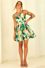 Eden Bloom Halter Woven Mini Dress - Green Multi
